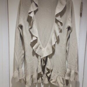 Ruffle acrylic sweater with tie closure Sz XL tan pre owned very good condition!